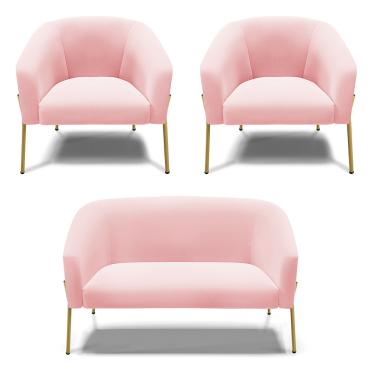 Imagem de Namoradeira e 2 Poltronas Pé de Ferro Dourado Stella Suede Rosê D03 - D'Rossi