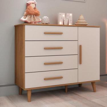 Imagem de Cômoda Infantil Retrô 4 Gavetas com Porta Fraldário Pés Palito Ludmila