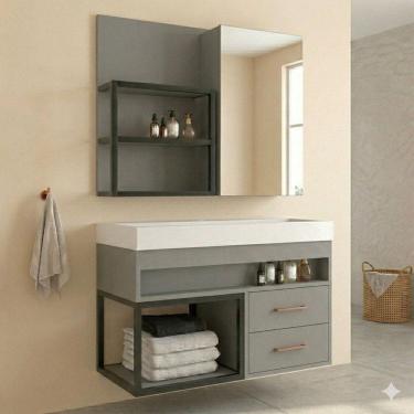 Imagem de Conjunto de Banheiro com 1 Gabinete Suspenso 80cm e 1 Espelheira Leme Cimento