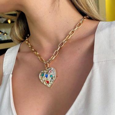 Imagem de Colar Coração Correntes em Alumínio Banhado com Pingente de Strass Col