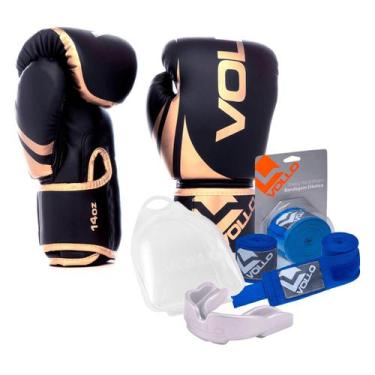 Imagem de Kit Boxe Muay Thai Luva 14Oz Dourado + Protetor Bucal + Bandagem Azul 