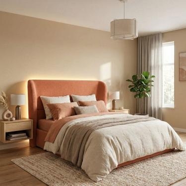 Imagem de Cabeceira Cama Casal King Size Livia 195cm Orgânica Curva Bouclê Terracota - Montanari`s Decor