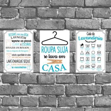 Imagem de Kit 3 Placas Decorativas Lavanderia Azul 18x27cm