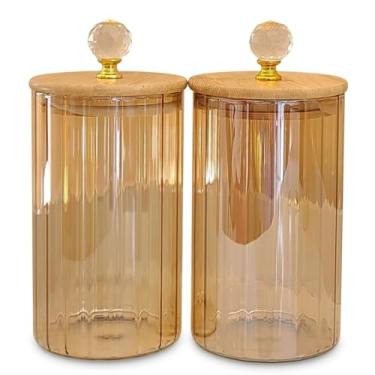 Imagem de Conjunto de 2 Potes de Vidro Canelado Âmbar Cristal com Tampa de Bambu Hermético 750ml porta alimentos e mantimentos