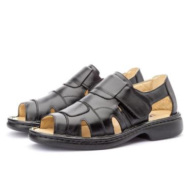 Imagem de Sandalia Masculina Em Couro Ortopedica Linha Conforto Forrada Macia Anatomica Com Tira Autocolante-Masculino