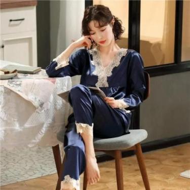 Imagem de Conjunto De Pijama Feminino Verde De Manga Longa Com Renda E Seda Sint