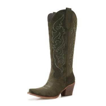 Imagem de Botas western femininas AITTA de camurça, cano alto até o joelho, verd