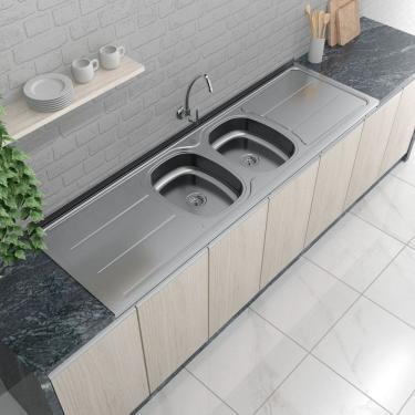 Imagem de Pia de Cozinha em Aço de 180cmx56cm com Duas Cubas Concretada sem Válvula Plus 30 Inox