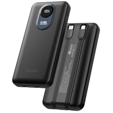 Imagem de Basike Power Bank, Carregador Portátil Universal 10000mAh, USB-A(até 22.5W)+USB-C(até 20W), com 2 Cabos Integrados (USB-C, Lightning) Carregamento Rápido, Led Indicador de Bateria (Preto)