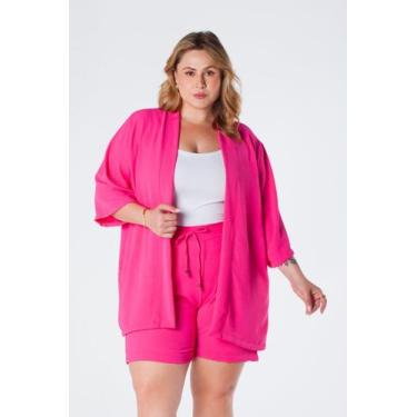 Imagem de Kimono Plus Size Barra Reta Manga 3/4 Crepe Pink Aline - Oria, G3