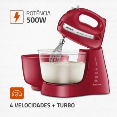Imagem de Batedeira Bella Massa Mondial 500W B-55-R Vermelha com 2 Tigelas, 220V