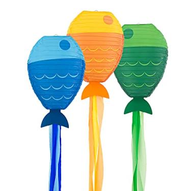Imagem de Lanternas de papel da forma dos peixes do aniversário das meninas para o quarto do bebê, quarto, luzes decorativas do partido do tema do oceano, grupo de 3
