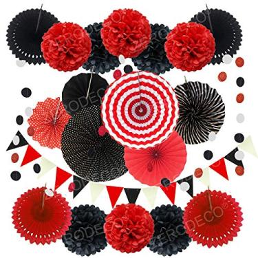 Imagem de ZERODECO decoração de festa, 21 peças de ventiladores de papel para pendurar, flores de pompons de pompons, flores de cordão de guirlanda bolinhas e bandeiras triangulares para festas de aniversário, Vermelho