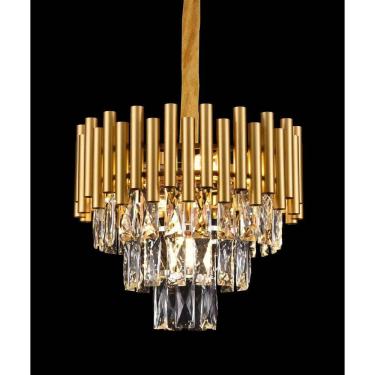 Imagem de Lustre Pendente Redondo Metal Dourado e Cristais 5E14 38cm