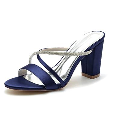 Imagem de Sapatos de noiva femininos Chunky Peep Toe sapatos de salto alto marfim sapatos de cetim sapatos sociais 36-43,Dark blue,6 UK/39 EU