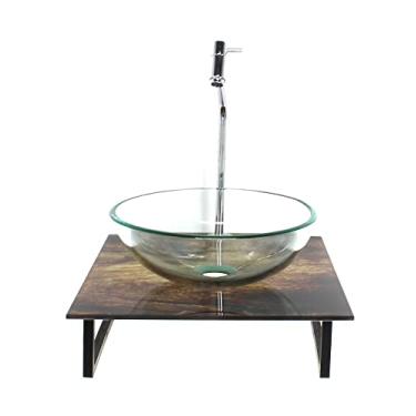 Imagem de KIT CUBA DE VIDRO REDONDA 10MM INCOLOR COM TAMPO DE VIDRO 40CM X 40CM MADEIRA RUSTICA E SUPORTE TORNEIRA VALVULA