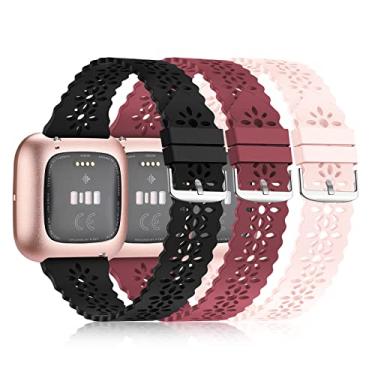 Imagem de YAXIN Pacote com 3 pulseiras esportivas finas compatíveis com Fitbit Versa/Fitbit Versa 2/Fitbit Versa Lite para mulheres, pulseiras de substituição de renda de silicone para relógio inteligente Fitbit Versa, preto/vinho vermelho/rosa areia