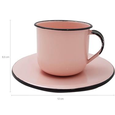 Imagem de Caneca Esmaltada Xícara Com Pires Para Chá Café 180ml Rosa