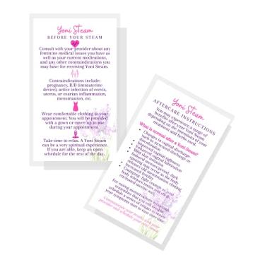 Imagem de Cartões de instruções Yoni Steam Before & After Your Steam Care | Pacote com 50 | Tamanho do cartão de visita de 5 x 9 cm | Branco com design rosa e roxo