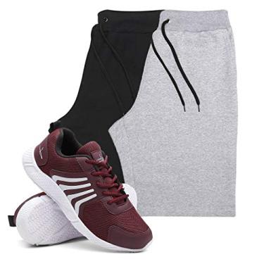 Imagem de KIT 2 Bermudas Masculina Moletom Conforto + Tenis Masculino Running Academia - Bermudas Preto/Cinza P - Tenis Vermelho - 41