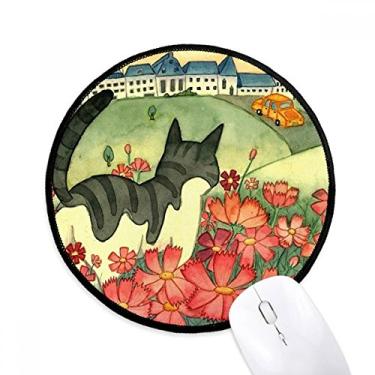 Imagem de Mouse pad Miaoji pintura aquarela flores de gato cidade, tapete redondo para escritório para computador