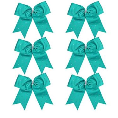 Imagem de Laço de líder de torcida Jumbo de 20 cm com strass e suporte de rabo de cavalo para torcida gravata de cabelo 6 peças Faculdade, Teal