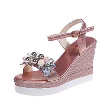 Imagem de Sandálias de cunha para mulheres, sandálias altas, plataformas, plataformas, sapatos de salto feminino, floral, feminino, cristal (rosa, 38)