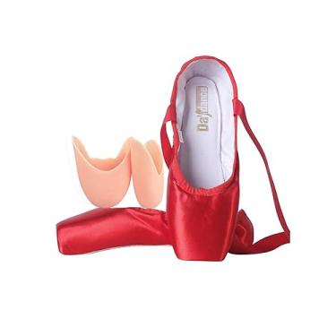 Imagem de Daydance Sapatilhas de bailarina com fita para meninas e mulheres com biqueira, Vermelho, 2.5 Big Kid