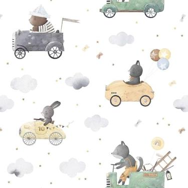 Imagem de Papel de Parede Adesivo Infantil Com Ursinho no Carrinho 2,5m