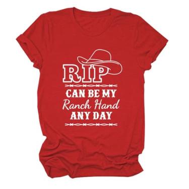 Imagem de Rip Can Be My Ranch Hand Any Day Camiseta feminina com padrão de chapéu jeans engraçado com dizeres estampados camisetas country music pulôver tops, Vermelho, XXG