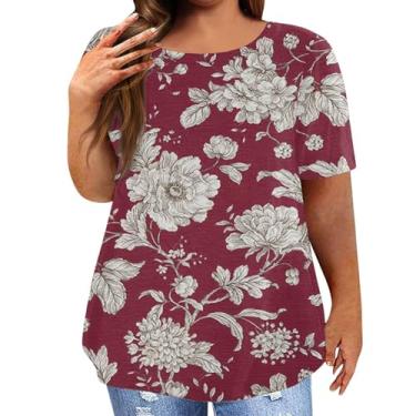 Imagem de Plus size verão topos para mulher 2023 o pescoço manga curta gráfico impresso solto túnica blusas casuais Camisa Havaí Na moda Camiseta Blusa comprida feminino flor floral O39-Vinho X-Large