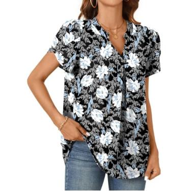 Imagem de Camisetas femininas de chiffon de verão blusas casuais pétala elegante camiseta túnica manga curta gola V tops, Preto, branco, floral, G