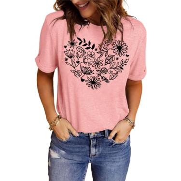 Imagem de Camiseta feminina com estampa floral floral floral de manga curta e flores silvestres, Rosa, M