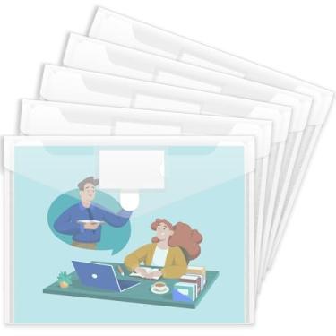 Imagem de Sooez Pacote com 5 envelopes de plástico, pastas de arquivos de documentos transparentes, envelopes de arquivo tamanho A4 com bolso para etiqueta para escola, casa, trabalho, escritório, organização