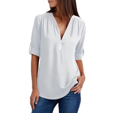 Imagem de Túnica feminina ajustável manga longa solta chiffon meio zíper gola V blusa de tule plissado OL Commuter Pullovers, 02 branco, 4G