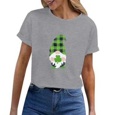 Imagem de Camisetas femininas do Dia de São Patrício com estampa da bandeira americana, túnica verde, camisetas estampadas de manga curta, Cinza, P