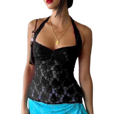 Imagem de Camiseta feminina Y2K com acabamento em renda e alças finas, gola quadrada, frente única, regata para sair, Frente única preta, G