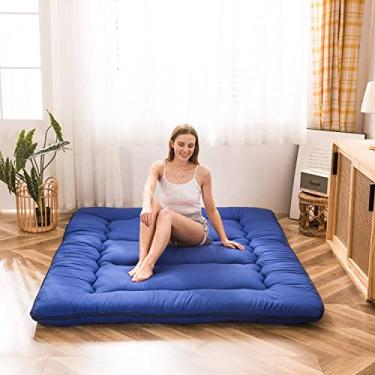 Imagem de MAXYOYO Colchão de chão japonês, colchão futon, almofada de dormir espessa, dobrável, futon de chão para adultos, tapete de tatame, dormitório, espreguiçadeira, azul royal, tamanho queen