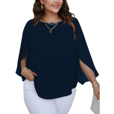Imagem de SCOMCHIC Blusas plus size para mulheres verão manga morcego chiffon túnica tops elegantes gola canoa casual solta camisas rodadas, Azul marino, 4G Plus Size