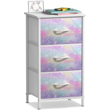 Imagem de Sorbus Cômoda infantil com 3 gavetas – organizador de caixa de cabeceira – estrutura de aço, tampo de madeira, caixas de tecido tie-dye para roupas – móveis largos para quarto, corredor, berçário,