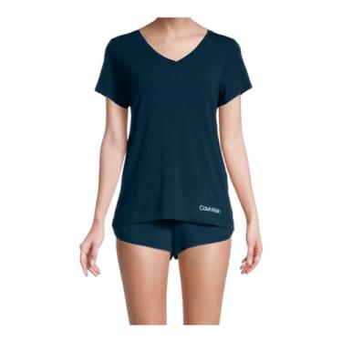 Imagem de Calvin Klein Conjunto de camiseta e shorts femininos confortáveis com decote em V, Azul-petróleo escuro, G