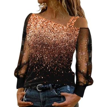 Imagem de Aniywn Camiseta feminina de manga comprida com ombro de fora e lantejoulas de malha com glitter, blusa de festa, clube, blusa Y2K, A2 - Laranja, G