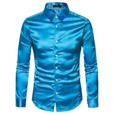 Imagem de Camisas masculinas de cetim brilhante slim cor sólida formal negócios manga longa única breasted camiseta roupas, Azul, M