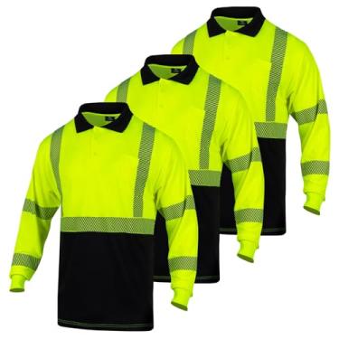 Imagem de VENDACE 3 peças de camisas polo refletivas de manga comprida Hi Vis para homens ANSI Classe 3 camisetas de trabalho de alta visibilidade, Amarelo, XXG