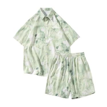 Imagem de Conjunto de camisa masculina de manga curta de seda gelada respirável e fresca, shorts havaianos estilosos, Verde-claro, Large