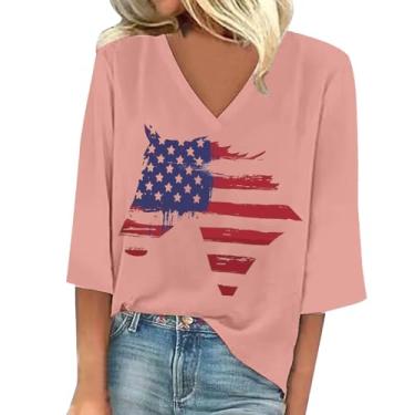 Imagem de Camiseta feminina patriótica com bandeira americana manga 3/4 Dia da Independência Top 4 de julho Vintage Star Stripe Blusa Gráfica Túnica, rosa, G