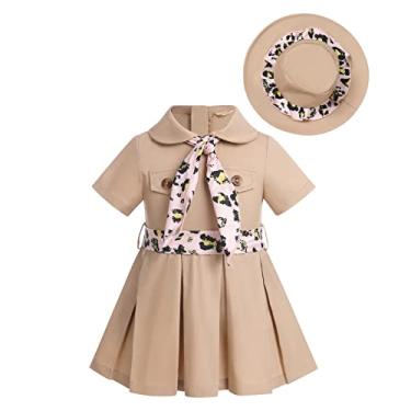 Imagem de Wild One Birthday Toddler Baby Girls Safari Outfit Zookeeper Costume Jungle Explorer Dress up Short Sleeve Khaki Pleated Dress with Hat First Birthday Cake Smash Photoshoot Outfit Khaki 0-6 Months