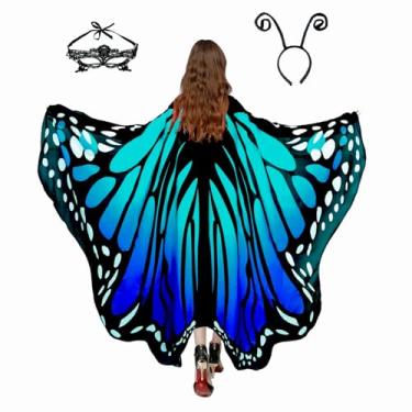Imagem de Niurui Halloween Butterfly Wings Costume for Womens, Moth Wings Butterfly Cape Adult Costume with Mask & Headband(3pcs) Blue Green