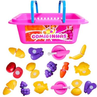 Imagem de Cesta de Mercado Infantil + Frutas Legumes de Cortar ao Meio Comidinhas de Brinquedo Faz de Conta Casinha
