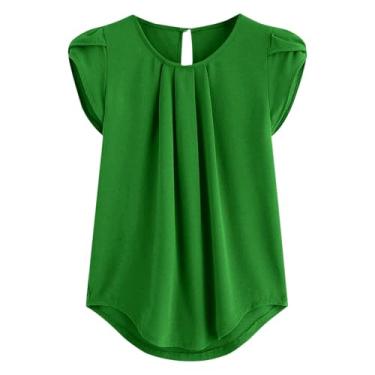 Imagem de Generic Camisetas femininas de manga curta pétala verão outono gola redonda chiffon recorte franzido camiseta feminina 2024, L-571 verde-limão, 4G